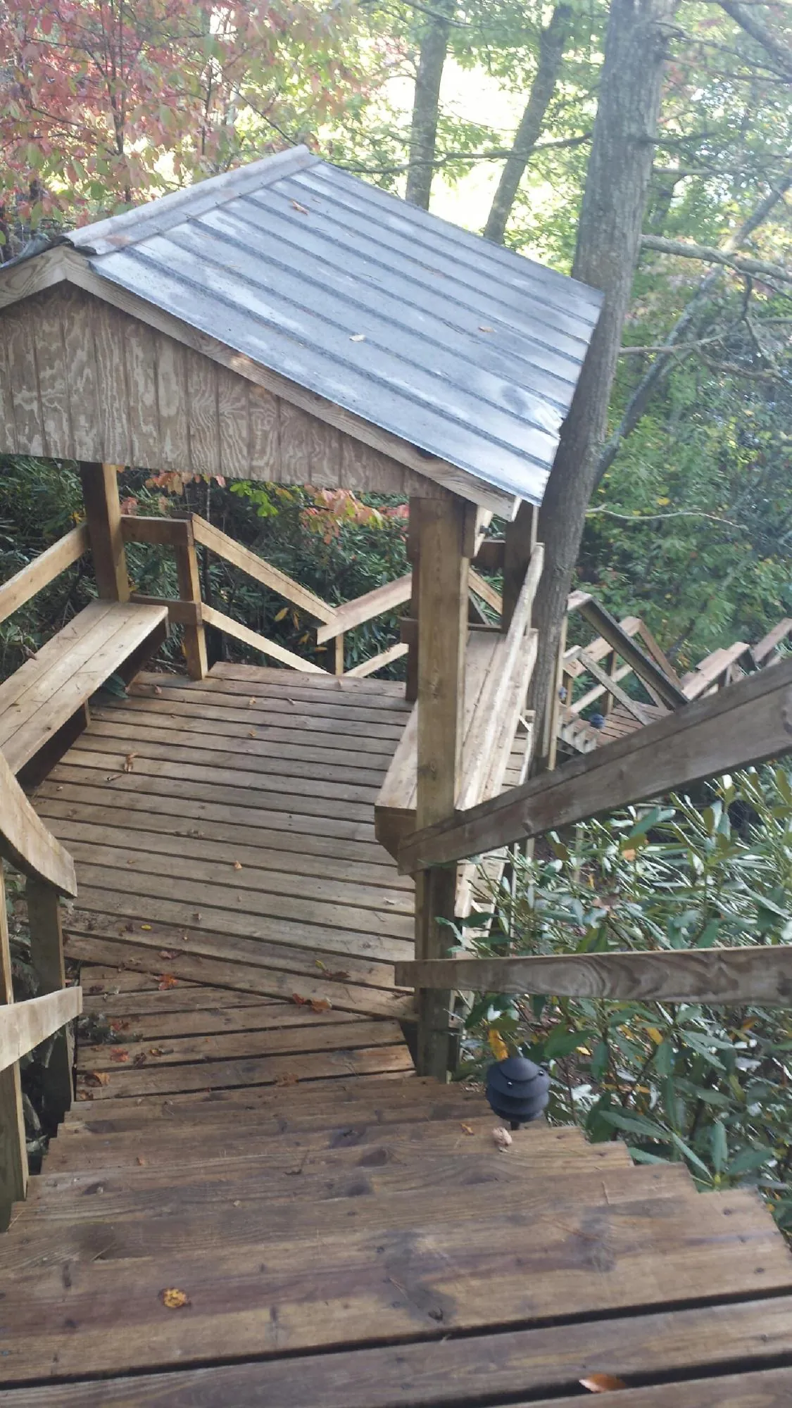 Metal roofed shelter over wooden steps on a wooded walkway — Skylight Repair & Installation work by our crew in Hunker